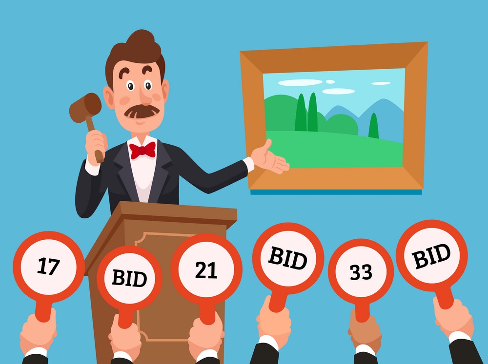 Man on stand leading auction hold gavel. People businessman character make bets on auctions bidding by raising bid paddles with numbers to buy a piece of art colorful vector flat concept illustration
